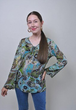 Vintage multicolor boho blouse, retro buta print shirt