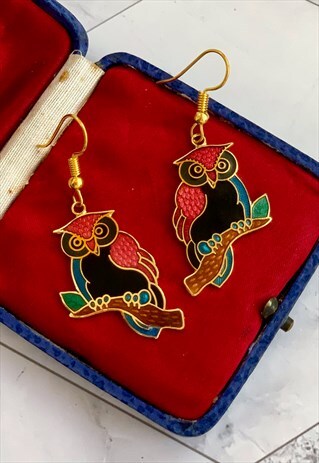 80S OWL EARRINGS ANIMAL BIRD STATEMENT VINTAGE JEWELLERY