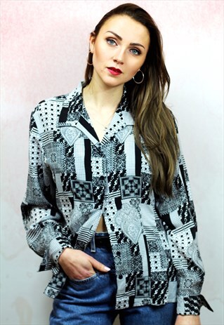 1980S VINTAGE BLACK AND GREY PATTERN SILKY BLOUSE
