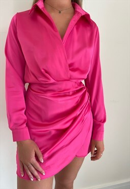 Pink Satin Shirt Dress