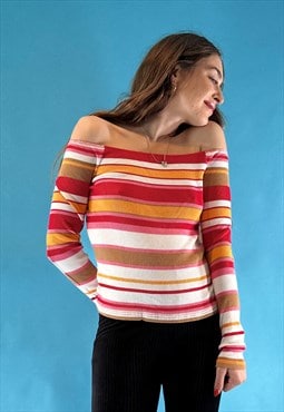 Vintage Y2K Off The Shoulder Red White Ribbed Striped Top