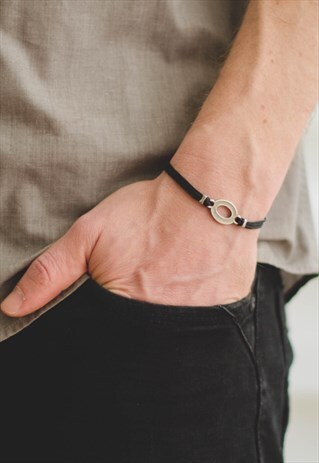 MENS BRACELET SILVER OVAL KARMA CIRCLE BLACK CORD MEN GIFT