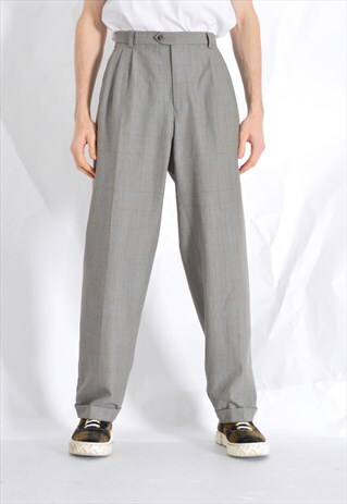 VINTAGE 80S GREY BEIGE CHECK WOOL BLEND PLEATED PANTS
