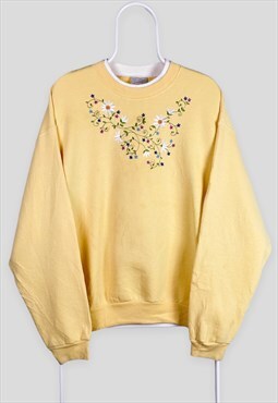 Vintage Yellow Embroidered Sweatshirt Flowers Top Stitch XXL