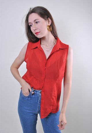 VINTAGE WOMEN RED SLEEVELESS COLLARED BLOUSE