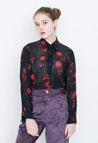 VINTAGE BLACK FLORAL SEE THROUGH LONG SLEEVE RETRO SHIRT
