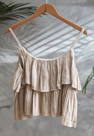 OATMEAL MICRO PLEAT TIERED LINEN TANK
