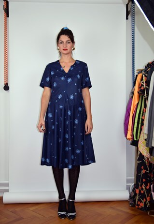 VINTAGE 70S BLUE FLORAL PRINTED MIDI DRESS, M/L SIZE