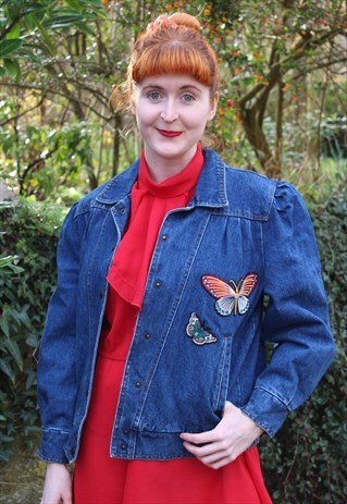 VINTAGE REWORKED 80S BLUE DENIM JACKET RED MOTH BADGE