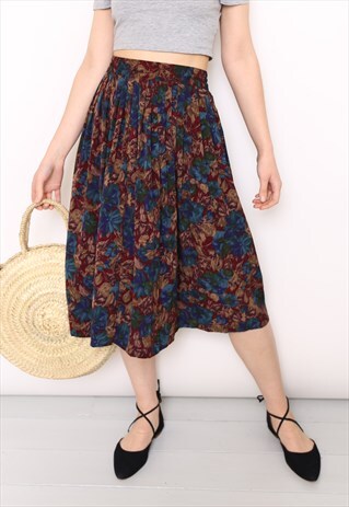 VINTAGE 90S DARK FLORAL PRINT PLEATED MIDI SKIRT