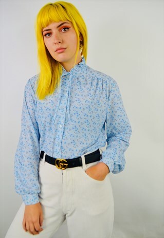 WOMENS 1970S FLORAL BLUE RUFFLE FRINGE SHIRT TOP ST MICHAEL