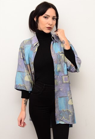 VINTAGE 90S PASTEL AUTUMN LEAVES RETRO CRAZY PATTERNED SHIRT