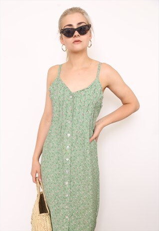 VINTAGE 90S GREEN FLORAL PRINT MIDI DRESS