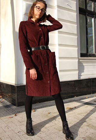 CORD BUTTON THROUGH SHIRTDRESS WITH POCKETS IN BURGUNDY