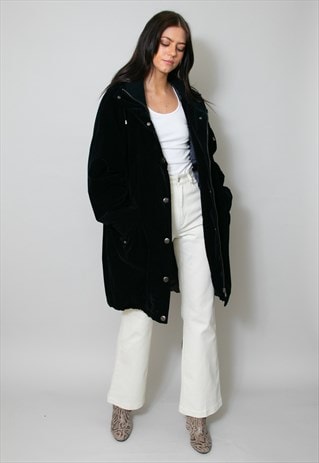 80's Vintage Ladies Black Velvet Long Hooded Padded Coat