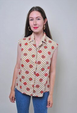 Vintage beige sleeveless blouse, retro floral print shirt
