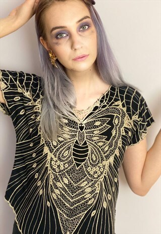 VINTAGE 90S BLACK BUTTERFLY BEIGE TOP