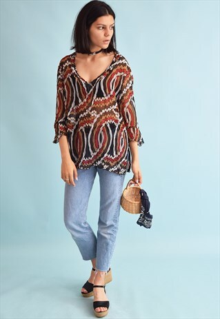 90'S RETRO ABSTRACT PRINT SHEER FESTIVAL BLOUSE TOP