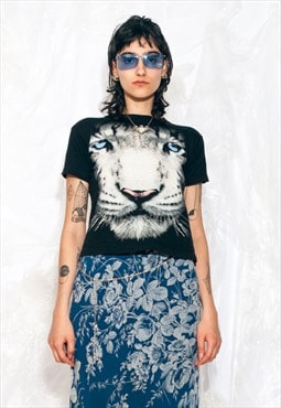 Vintage Y2K Baby Tee in Black Tiger Print