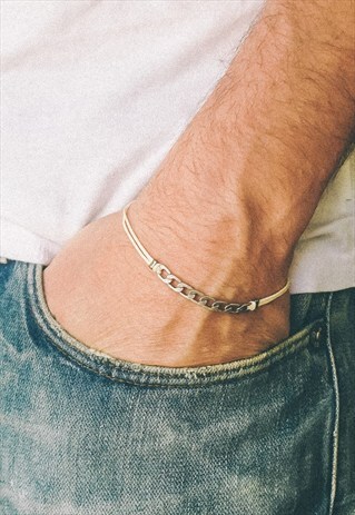 MEN'S BRACELET, SILVER FLAT CHAIN BEIGE CORD, FOR MEN SUBTLE