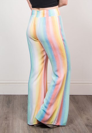 90'S RETRO PASTEL RAINBOW STRIPE HIPPIE FESTIVAL TROUSERS