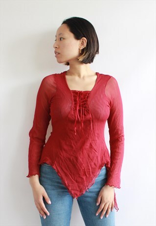 MAROON RED MESH NET BOHO FLARE FESTIVAL TOP