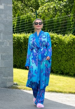 Blue Satin Palazzo Trousers and Kimono Robe