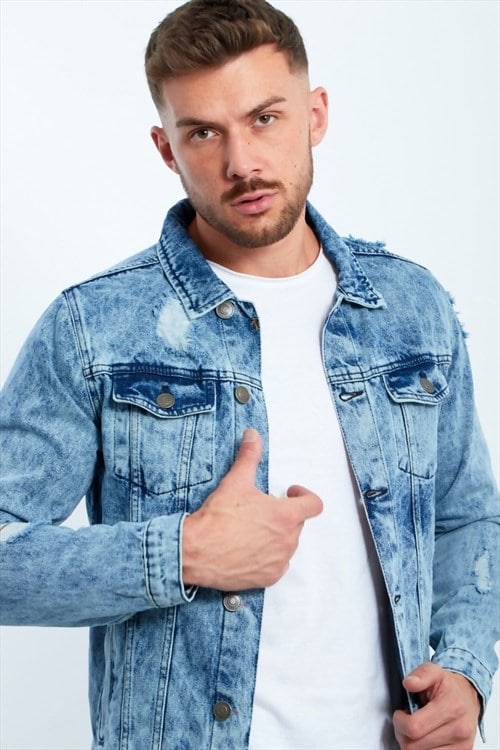 mens snake embroidered distressed denim jacket