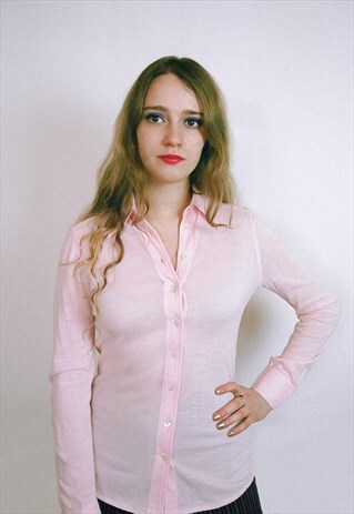 1970S VINTAGE BABY PINK DAGGER COLLAR BLOUSE - DISCO