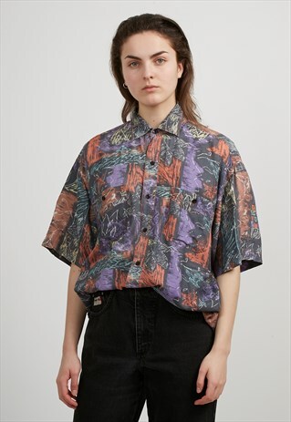 VINTAGE RED PURPLE SHORT SLEEVE SILK SHIRT
