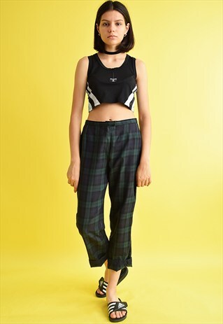 VINTAGE 80'S RETRO TAPERED GREEN TARTAN HIGH WAIST TROUSERS