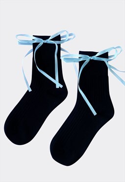 Black Ballet Knit Crew Socks with Blue Ribbon Bows