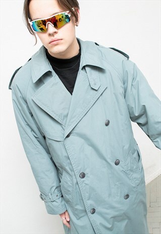 VINTAGE TRENCH COAT LIGHT BLUE WITH LINING DOUBLE BREASTED