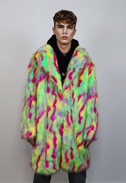 Psychedelic faux fur longline coat festival jacket in green