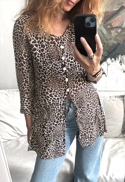 90s Giraffe print Long Top / Blouse - L