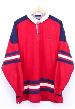 Vintage Tommy Hilfiger Polo Shirt Red Striped With Logo 90s 