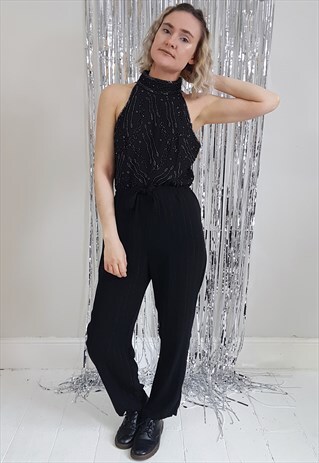 VINTAGE 90'S BLACK HIGH NECK BEADED VEST TOP