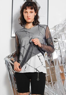 90s grunge y2k goth grey mesh marble sheer layer top