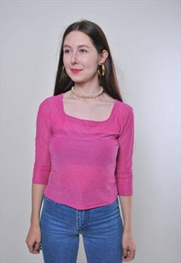 Vintage minimalist pullover pink blouse with quarter sleeves