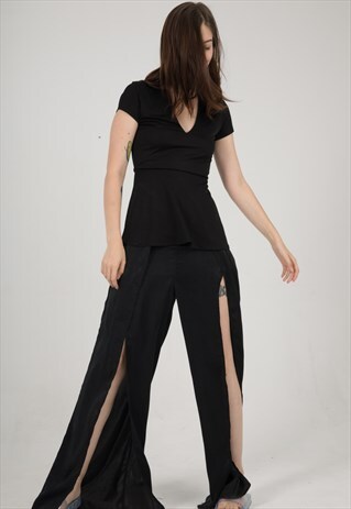 SILKY BLACK HIGH WAISTED CUT OUT TROUSERS