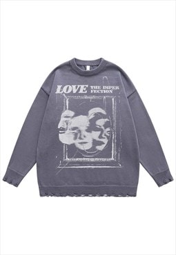 Creepy sweater scary knit distressed horror jumper in grey