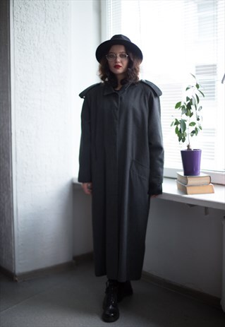 VINTAGE 80'S MAXI GREY HIDDEN BUTTONS FASTENING COAT