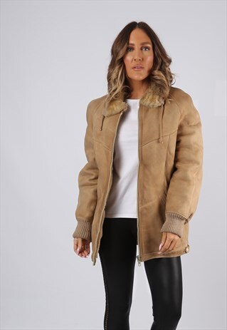 SHEEPSKIN SUEDE LEATHER SHEARLING COAT UK 12 MEDIUM (JBB)