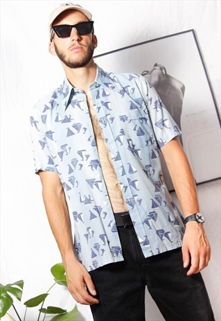 80S VINTAGE 90S GRUNGE BLUE STRIPE SAILOR BOAT ARTSY SHIRT