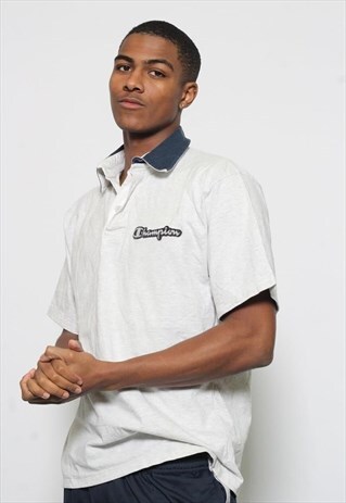 VINTAGE CHAMPION RUGBY POLO SHIRT LOGO GREY