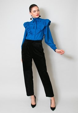 80's Blue Vintage Ladies Blue Ruffle Long Sleeve Blouse