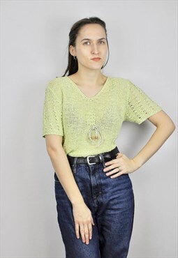 Vintage knitt light green short sleeve blouse top vest tank