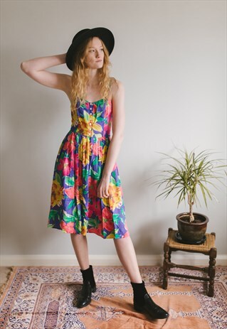 VINTAGE NINETIES ACID FLORAL MIDI DRESS WITH SPAGHETTI STRAP