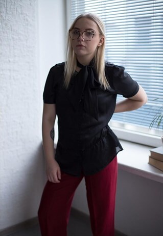 VINTAGE 90'S BLACK TRANSPARENT BUTTONS UP BOW BLOUSE