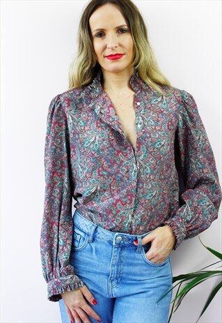 VINTAGE 80'S PAISLEY PRINT RUFFLE COLLAR SHIRT BLOUSE